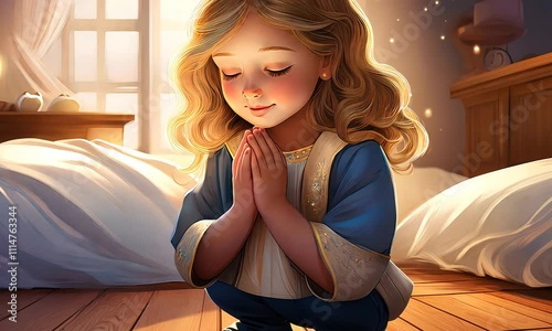 Child's prayer before bed. Little girl praying on her knees near her crib. Concept: Child's faith.