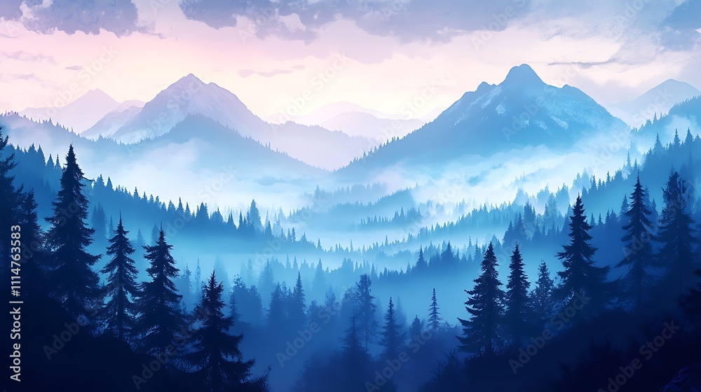 Obraz premium Misty mountain landscape with a vast forest of evergreen trees. Serene blue tones.