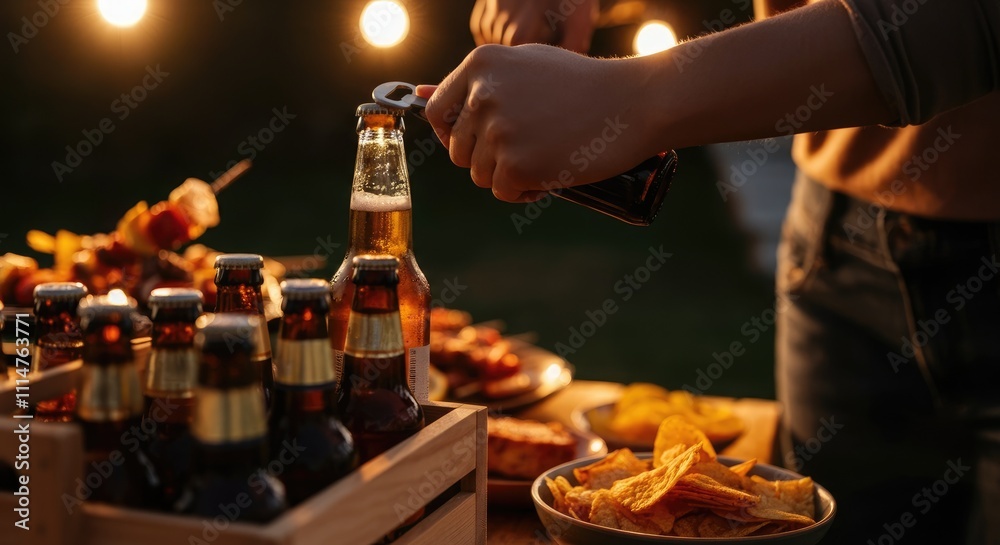 Person opening bottle at night outdoor gathering with snacks and beverages