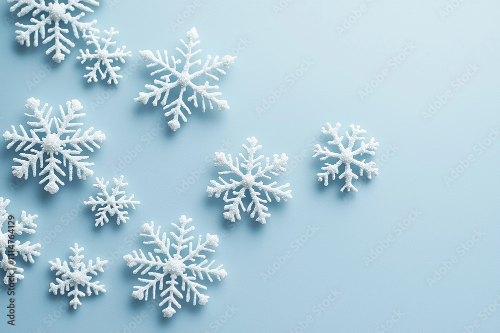 Top View of Snowflakes on a light Blue background Top View of Snowflakes on a light Blue background