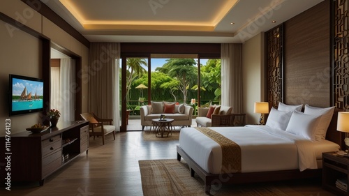 Luxurious bedroom with garden view, king bed, and modern furniture.