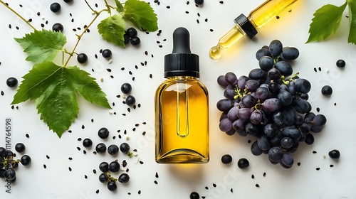 Grape seed oil in a glass bottle with fresh grapes and vine leaves. Natural beauty product.