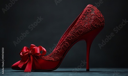 A striking red peeptoe stiletto with delicate lace overlay and a handcrafted satin bow showcasing impeccable craftsmanship. photo