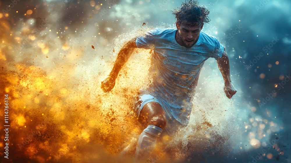 Naklejka premium Athletic male soccer player running through dramatic fiery explosion.
