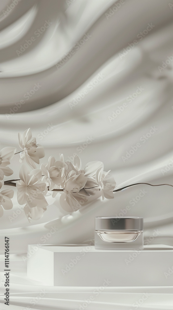 Minimalist product mockup white glossy cosmetic jar on soft beige fabric background with dried flowers. Perfect for showcasing your natural and organic skin care or cosmetic product branding. Minimalist product mockup white glossy cosmetic jar on soft beige fabric background with dried flowers. Perfect for showcasing your natural and organic skin care or cosmetic product branding.
