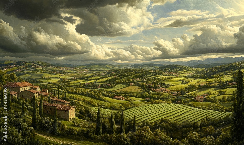 Naklejka premium A panoramic view of a lush, terraced countryside with scattered farmhouses and fields, under a dramatic sky filled with clouds.