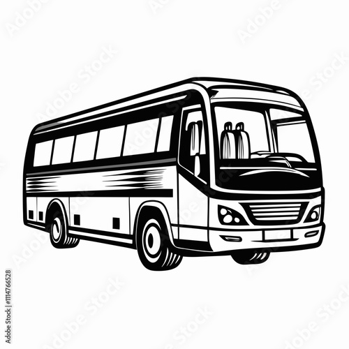 Classic bus with passengers travels along route. Bold black and white illustration captures vintage vehicle from three-quarter perspective. Concept public transportation, travel agency, city tour.