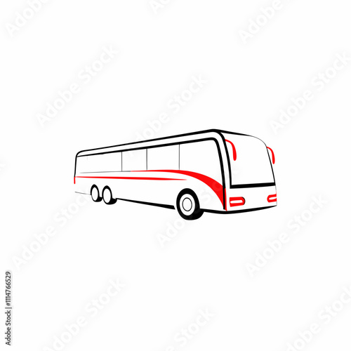 White tour bus with red accents drawn in three-quarter view angled slightly left. Simple clean transportation icon style illustration. Concept: tour company, travel agency, charter service