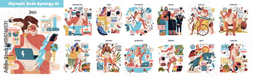 Olympic Gods Synergy AI. Flat Vector Illustration
