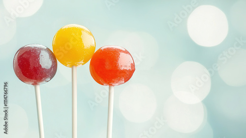   Three lollipops stacked on a white cake plate