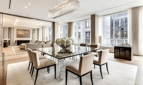 A modern dining room with a neutral palette including a sleek glass dining table and neutralcolored chairs. A statement chandelier adds a touch of glamour to the space photo