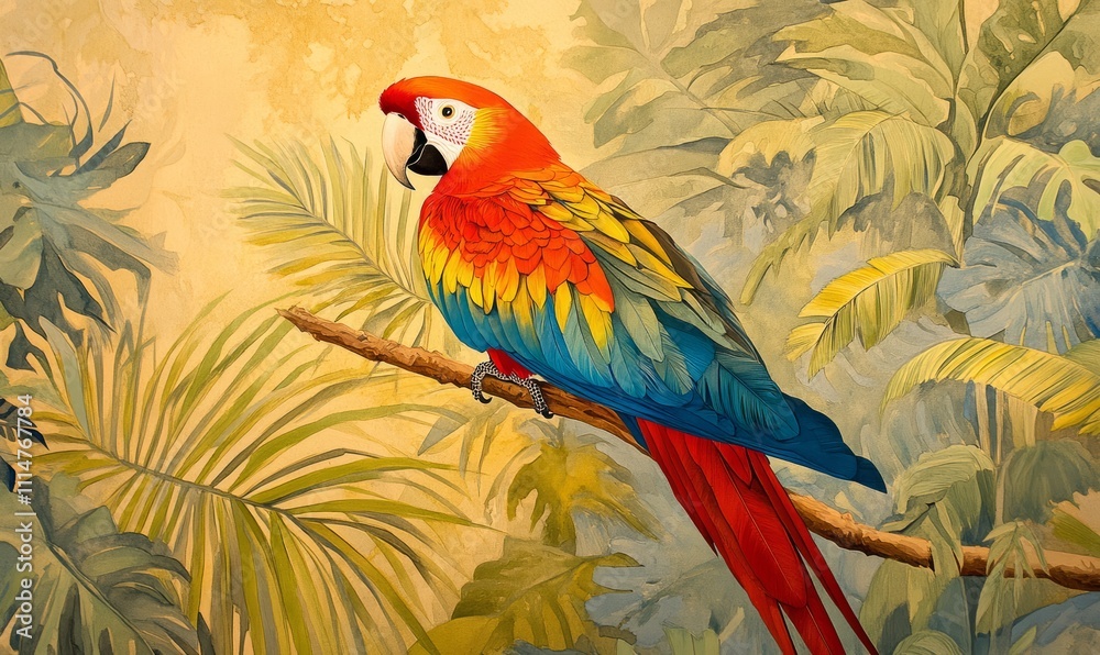 Fototapeta premium A vibrant scarlet macaw perched on a branch amidst tropical surroundings.