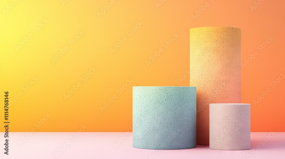 Obraz premium A pair of white vases rests beside each other on a pink-orange background, with a yellow wall in the backdrop