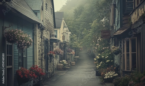 A picturesque street lined with quaint storefronts and blooming flower boxes captured in a grainy muted photo that transports the viewer to a time long ago. photo