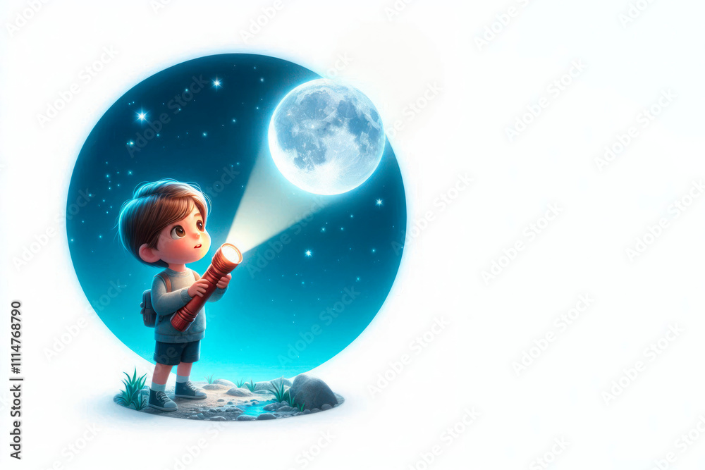 Naklejka premium A boy with a flashlight illuminates the moon. Space for text.