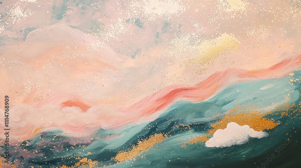 Fototapeta premium Pink brushstrokes floating gracefully above a shimmering teal and gold glittery surface evoke an abstract painting, reminiscent of a dreamy, ethereal landscape filled with tranquility