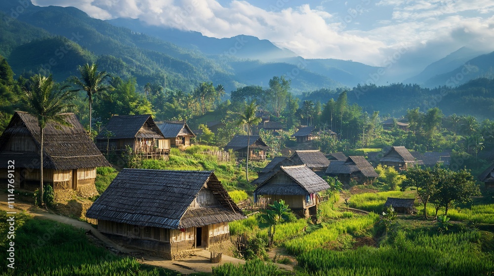Obraz premium Sunrise over a serene mountain village with traditional houses and rice paddies.