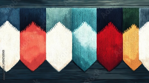   A line of variously hued ties resting atop a brown wooden desk before a black wooden tabletop photo