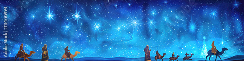 Artistic depiction of the Three Wise Men traveling on camels under a vibrant, star-filled night sky, guided by the Star of Bethlehem.