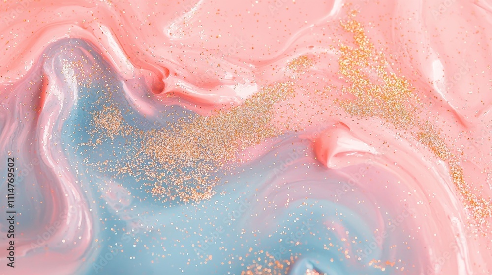 Fototapeta premium Pink and blue pastel colors swirling together, creating a marble effect with gold glitter sprinkled on top, forming a visually appealing abstract design