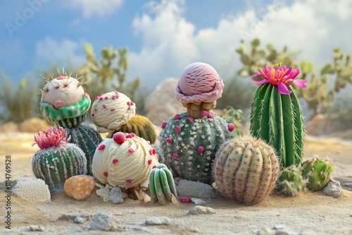 An artistic and realistic image of ice cream scoops designed to look like various types of cacti in a desert setting. photo