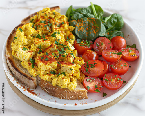 Vegan Tofu Scramble with A tofu scramble with turmeric, spinach, and cherry tomatoes, served with toast photo