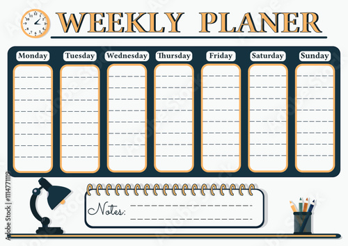 A weekly planer for a student or workers. School Time Table Template with a lamp, clock and pencils on white background. Vector illustration in flat cartoon style