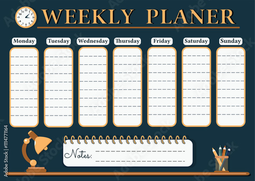 A weekly planer for a student or workers. School Time Table Template with a lamp, clock and pencils on dark blue background. Vector illustration in flat cartoon style