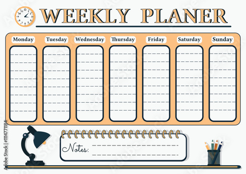 A weekly planer for a student or workers. School Time Table Template with a lamp, clock and pencils on white background. Vector illustration in flat cartoon style