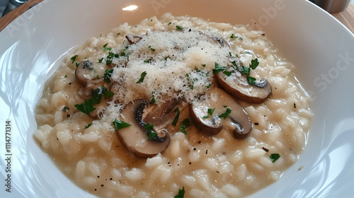 A bowl of creamy risotto with mushrooms, parmesan cheese, and a hint of truffle oil.