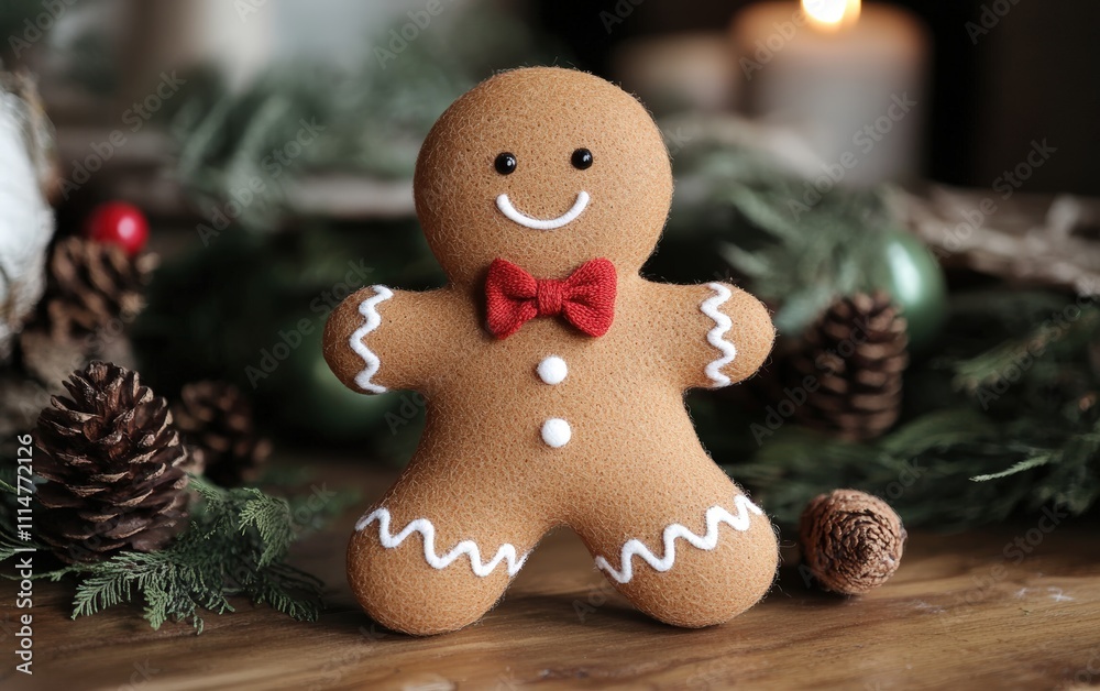 Gingerbread Man Plush Toy A cute gingerbread man plush with brown felt fabric, white embroidered icing details, and a tiny bow tie in red. Gingerbread Man Plush Toy A cute gingerbread man plush with brown felt fabric, white embroidered icing details, and a tiny bow tie in red.