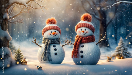 Two snowmen in a snowy forest