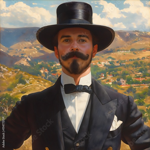 illustration of a 19th century man with moustache and beard in the middle of a field