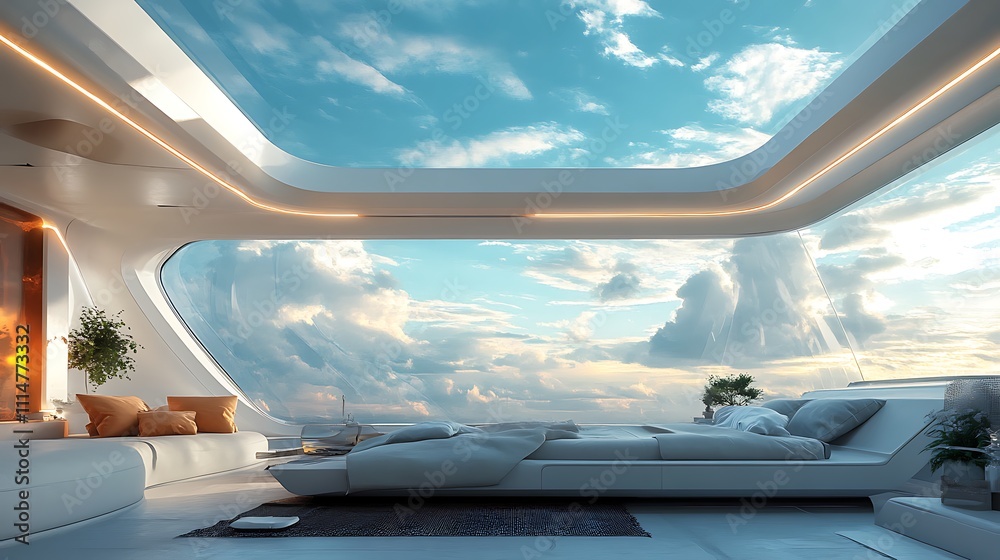 Naklejka premium Futuristic house featuring spacious bedroom with panoramic sky views image