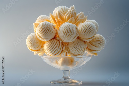 Ultra-realistic image of ice cream scoops arranged to look like a blooming flower in a glass bowl. photo