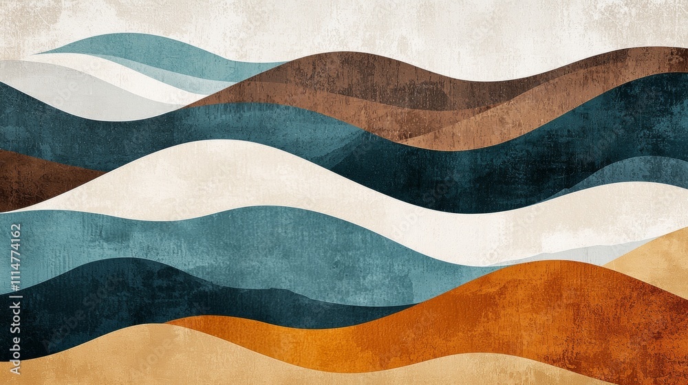 Modern abstract landscape painting featuring rolling hills and flowing waves in earthy tones of brown, orange, blue, and white, creating a sense of tranquility and movement Modern abstract landscape painting featuring rolling hills and flowing waves in earthy tones of brown, orange, blue, and white, creating a sense of tranquility and movement