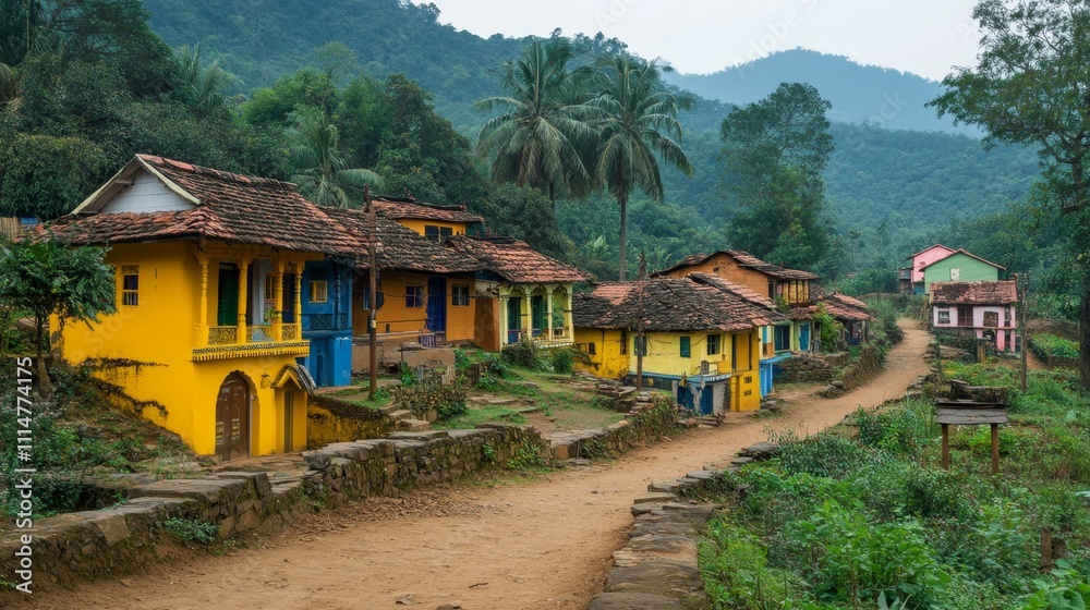 Fototapeta premium Colorful Village Homes Nestled in a Lush Mountain Valley