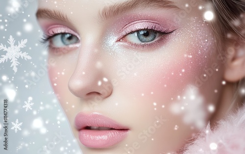 Frosty Pink Glow A soft and feminine look with frosted pink eyeshadow, glossy light lips, and a sparkling blush. Snowflake bokeh patterns create a festive background.