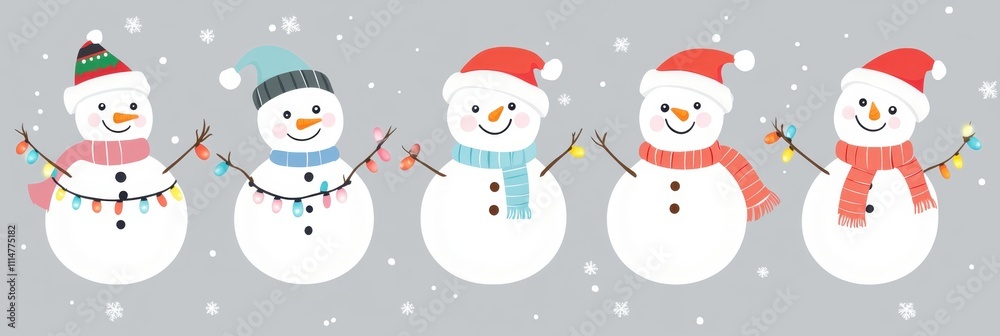 cute cartoon snowmen with different , light gray background, flat design illustration each element is white on a gray solid color background, cute, colorful, happy and smiling Generative AI cute cartoon snowmen with different , light gray background, flat design illustration each element is white on a gray solid color background, cute, colorful, happy and smiling Generative AI