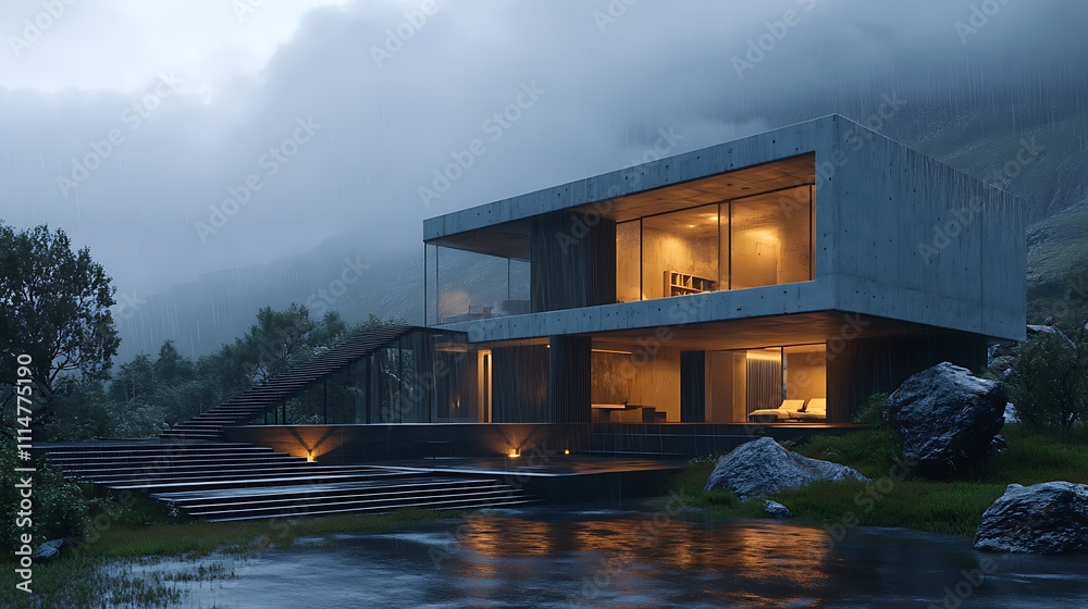 Modern concrete and glass villa surrounded by serene rainy image