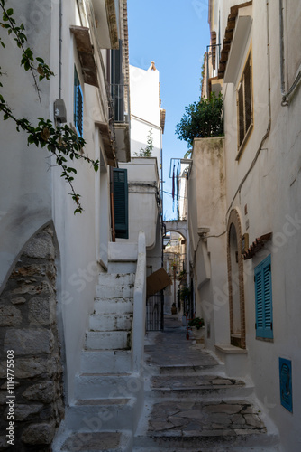 Fototapeta Naklejka Na Ścianę i Meble -  White old houses and narrow streets in medieval small touristic coastal town Sperlonga, Latina, vacation in Italy