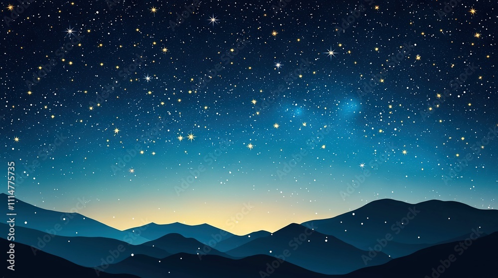 Fototapeta premium Night sky with stars and mountain range in foreground, featuring moon and distant stars