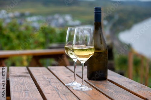 Glasses of white dry riesling wine made on Moselle river valley in Germany or Luxembourg, view on terraced vineyards