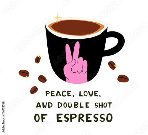 Coffee Cup with Peace, Love, and Double Shot of Espresso Design.