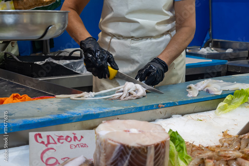 Принти на полотні Assortment of fresh ocean daily catch of different tuna, cazon, sharks, fish, pr