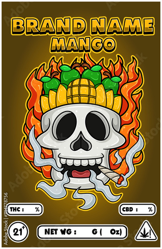 Cartoon Mango Fruit on Skull Head Smoking And Burning Fire Backgrounds. For Product Packaging Cover.