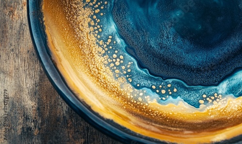 An upclose view of a handthrown plate displaying a mesmerizing blend of deep blue and warm amber glazes that create a stunning gradient effect. photo