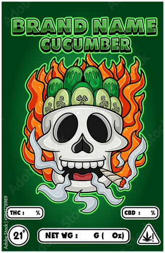 Cartoon Cucumber Fruit on Skull Head Smoking And Burning Fire Backgrounds. For Product Packaging Cover.