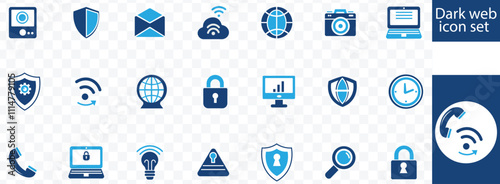 Dark web icon set. Containing darknet, deep web, encryption, anonymity, cybercrime, onion router, hacker and more. Solid vector icons collection Dar web, icon set, vector icons, black shapes, cyberese