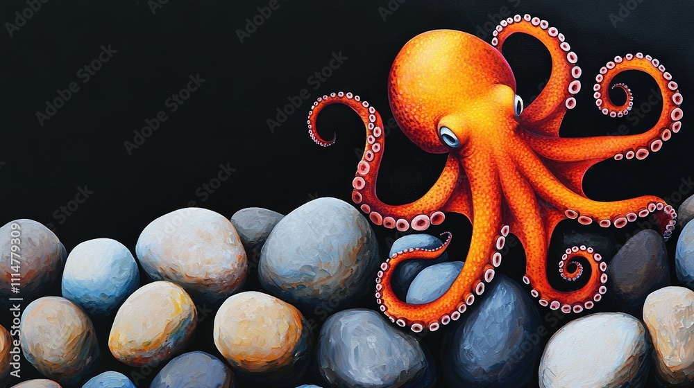 Fototapeta premium A painting of an octopus on a rocky background with blue and white eggs
